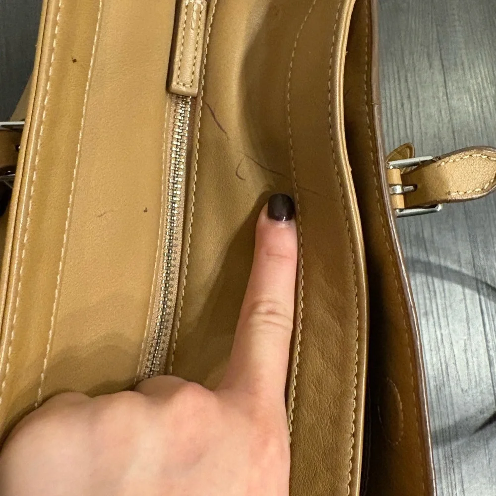 TUMI leather handle shoulder bag camel tan